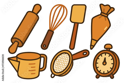 Collection of essential kitchen baking tools and utensils for cooking and pastry preparation