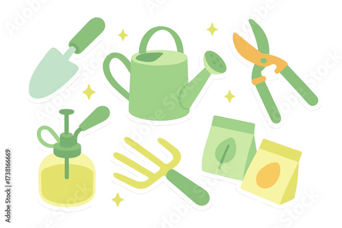 Collection of essential gardening tools and supplies for planting and cultivation