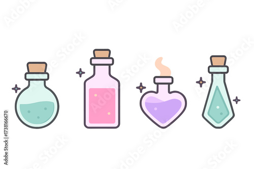 Collection of colorful magic potion bottles with corks and sparkling effects