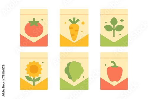 Set of six stylized seed packets for planting vegetables and flowers in a home garden