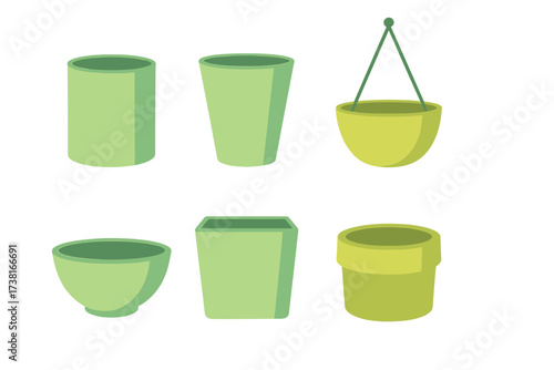 Various green plant pots and hanging planters for indoor and outdoor gardening
