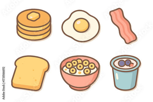 Assortment of classic breakfast foods including pancakes, eggs, bacon, toast, cereal, and yogurt