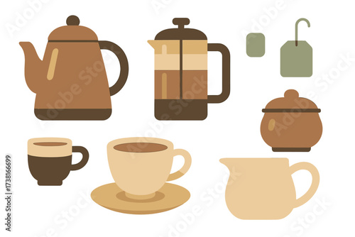Collection of coffee and tea brewing equipment and serving ware in warm earthy tones