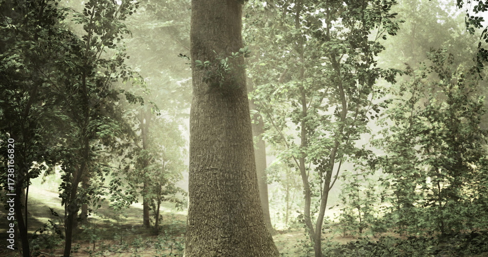 Fototapeta premium A tall tree stands proudly amidst other trees in a tranquil forest. Light filters through the foliage, creating a peaceful atmosphere in this natural setting.