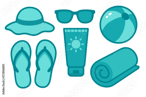 Essential summer vacation items for beach holidays, including hat, sunglasses, sunscreen, and flip-flops