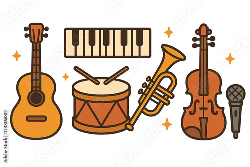 Collection of diverse musical instruments including guitar, piano, drum, trumpet, violin, and microphone
