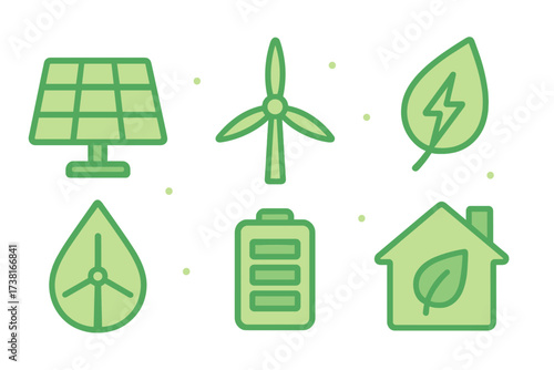 Renewable energy and ecological sustainability icons for environmental concepts