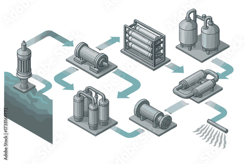 Water purification system with multiple filtration stages and industrial equipment