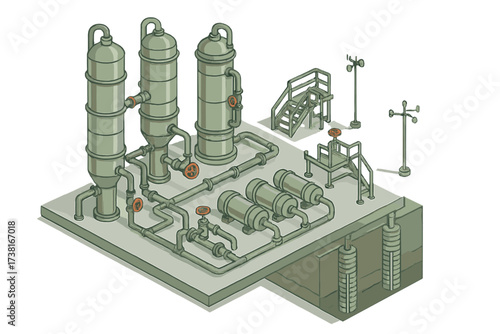 Industrial chemical processing plant with tanks and intricate piping system