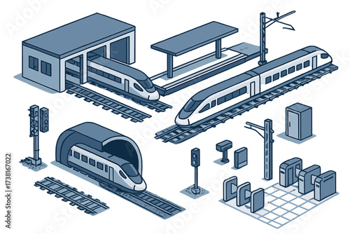 Isometric high-speed train set with railway station, tunnel, and various track elements