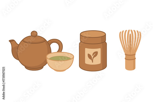 Matcha tea preparation items including teapot, bowl, powder container, and bamboo whisk