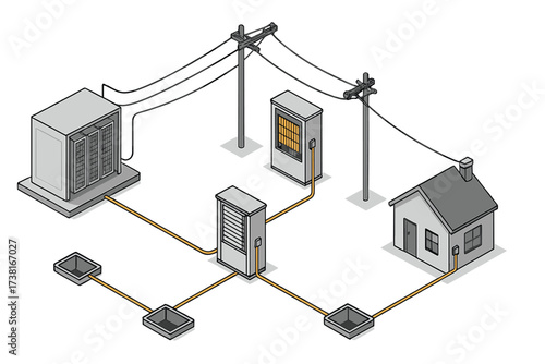 Smart grid energy distribution system with house, power infrastructure, and utility connections