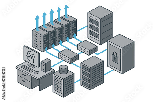 Complex data network infrastructure with servers, desktop, and secure storage