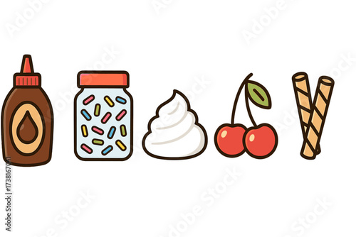 Sweet dessert toppings including chocolate syrup sprinkles whipped cream cherries and wafer rolls