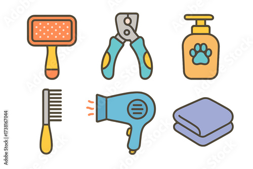 Set of essential pet grooming tools and supplies for animal care and hygiene routine