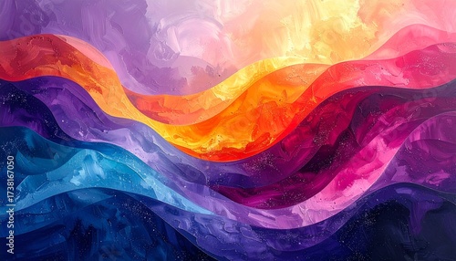 A rough-textured abstract painting displaying dynamic and modern color waves of vibrant purple, blue, orange, and red.
