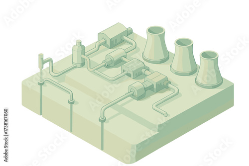 Isometric view of a nuclear power plant with multiple cooling towers and interconnected industrial infrastructure