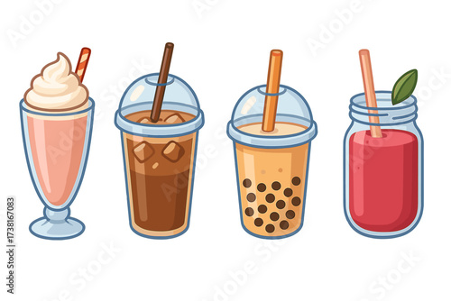 Refreshing cold drinks assortment: milkshake, iced coffee, bubble tea, fruit smoothie