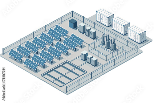 Modern renewable energy solar power station with photovoltaic panels and electrical infrastructure