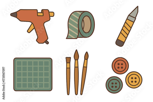 Assortment of essential crafting tools and art supplies for creative hobbies and DIY projects