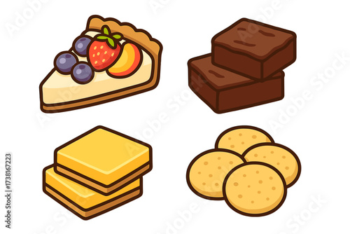 Collection of various baked goods and sweet desserts including tart, brownies, and cookies