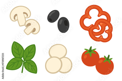 Fresh pizza ingredients set with mushrooms, olives, peppers, basil, mozzarella, and tomatoes