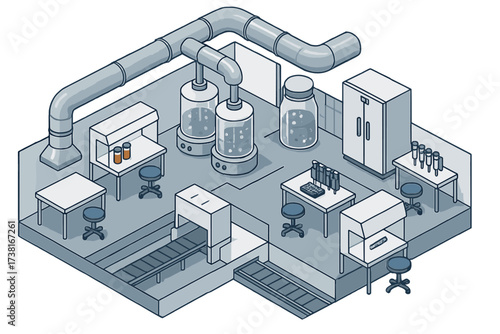 Isometric view of a modern scientific laboratory with industrial processing equipment and conveyor belts