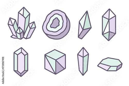 Collection of various geometric crystal shapes and a geode in pastel colors