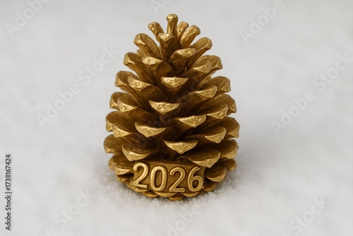 Minimal yet festive New Year concept with a golden pinecone engraved with 2026 placed on soft white snow. Elegant seasonal decoration for holiday promotions, cards, and digital graphics