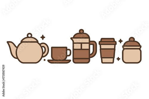 Assortment of coffee and tea brewing and serving items in a minimalist style