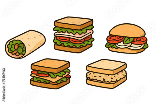 Assortment of fresh and delicious sandwiches, burger, and healthy wrap lunch items