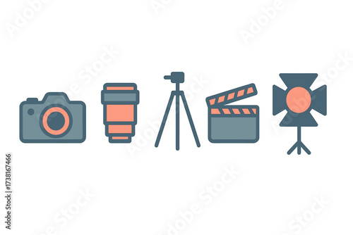 Photography and filmmaking equipment including camera, lens, tripod, clapperboard, and studio light