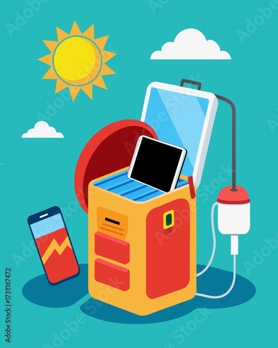 A solarpowered backpack cooler not only keeping your food and drinks cold but also charging your phone while youre out on a hot summer day.. Vector illustration