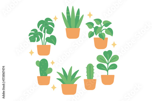 Diverse collection of potted green houseplants arranged in a decorative circle