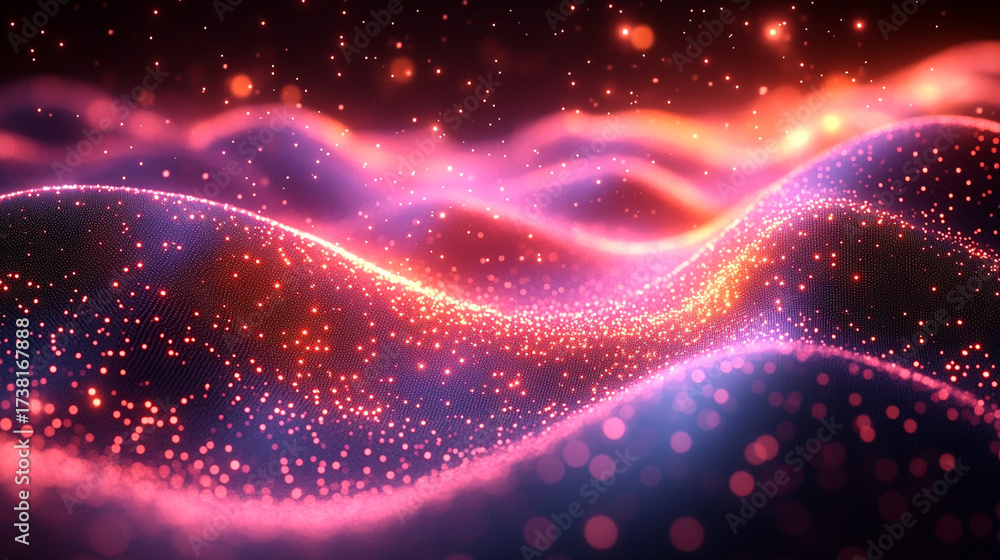 Fototapeta premium Glowing particle waves flow in dark digital space (2)