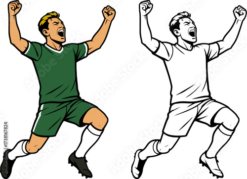 vector of a soccer player in green and white jersey celebrating a goal with arms raised colored and black and white outline for coloring page