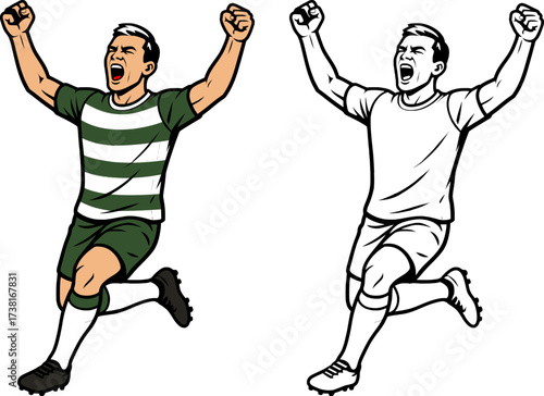 vector of a soccer player in green and white jersey celebrating a goal with arms raised colored and black and white outline for coloring page