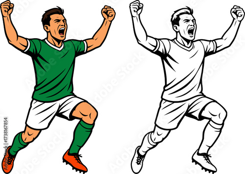 vector of a soccer player in green and white jersey celebrating a goal with arms raised colored and black and white outline for coloring page