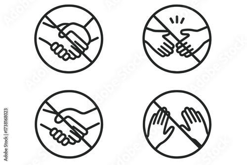 No handshake icon set. Avoid physical contact symbol collection. Social distancing safety sign for pandemic. Forbidden handshake for coronavirus prevention and health protection.