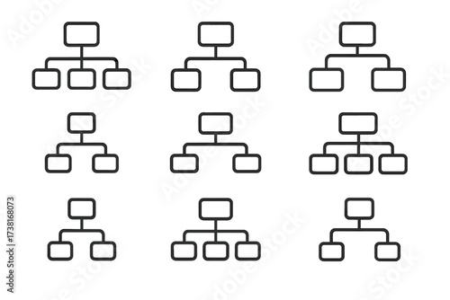 Organizational chart line icon set. Business hierarchy and corporate structure concept. Management, teamwork, and workflow diagram. Vector flowchart pictogram for web design.
