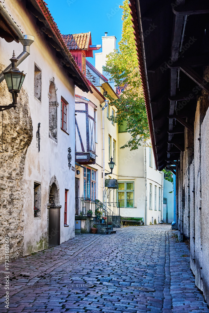 Naklejka premium Medieval stone street with archways and rustic buildings in historic European town. Narrow cobblestone street with medieval stone walls, wooden doors and tiled archways in an old European town. 