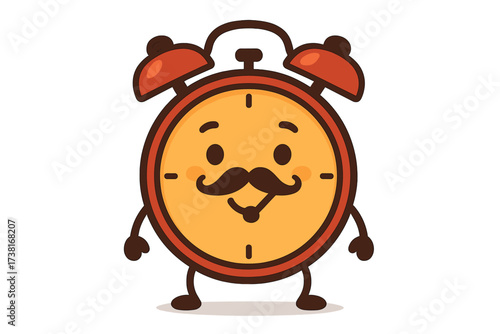 Cute alarm clock character with a mustache. Funny retro mascot concept for waking up, morning routine, and time management. Vector icon illustration for deadlines and schedules.