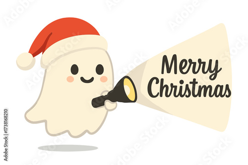 Cute ghost character in Santa hat with flashlight projecting Merry Christmas. Adorable phantom for winter holiday. Spooky funny cartoon vector flat illustration concept.