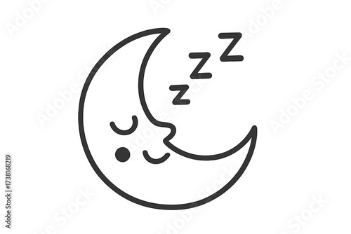 Sleeping moon vector icon. Hand drawn cute crescent moon character. Doodle illustration for bedtime, night, and dream concepts. Simple line art with zzz symbols for sleep. Cartoon.