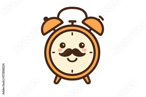 Kawaii alarm clock character with a mustache made of clock hands. Cheerful retro mascot icon for morning wake up calls and time management. Vector illustration design.