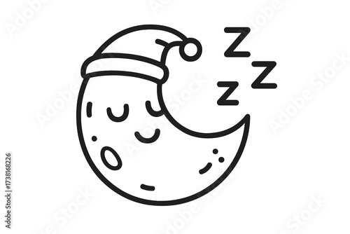 Cute sleeping moon character vector icon. Doodle crescent with nightcap and zzz symbol. Cartoon mascot for bedtime, good night, and sweet dreams. Sleepy celestial body design.