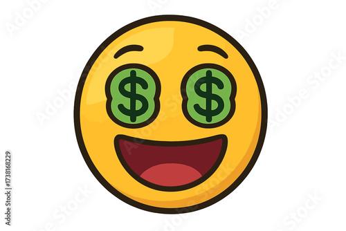 Money face emoji vector. Cute emoticon hypnotized by wealth. Smiley with dollar sign eyes for finance, success and business concepts. Greedy character icon for lottery jackpot win.