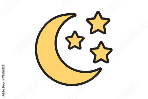 Crescent moon stars icon. Night sky symbol for weather forecast. Sleep, dream, nighttime concept. Good night. Simple vector cartoon illustration on transparent background. Space.