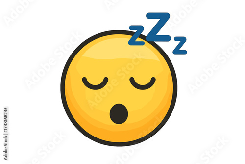Sleepy face emoji sleeping. Cute yellow emoticon character snoozing or napping. Concept of being tired, exhausted, bored or dreaming. Vector cartoon illustration icon.