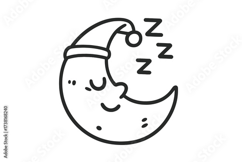 Cute sleeping moon vector doodle. Crescent character with a face in a nightcap and zzz symbols. Nursery line art icon for bedtime, good night, sweet dreams, sleep, rest.
